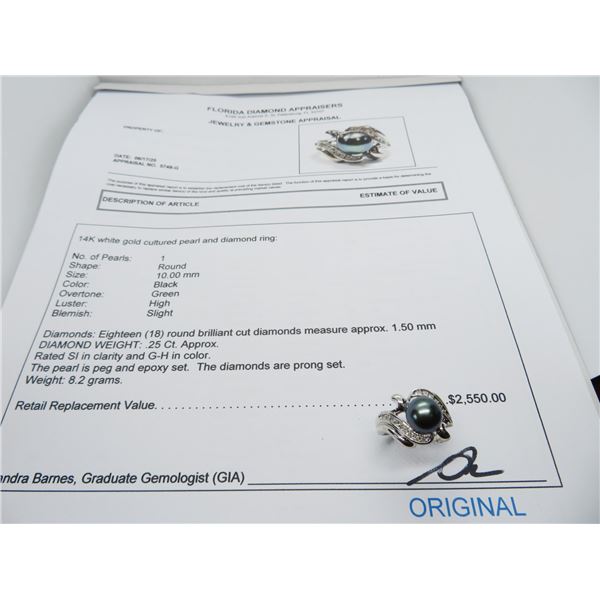 14K WG Cultured Pearl/Diamond Ring 10.00MM  Black/Green Color High Luster w/18 Round