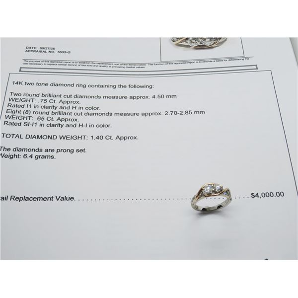 14K Two Tone Diamond Ring w/2 Round Cut Diamonds and 8 Round Diamonds Prong Set 6.4g