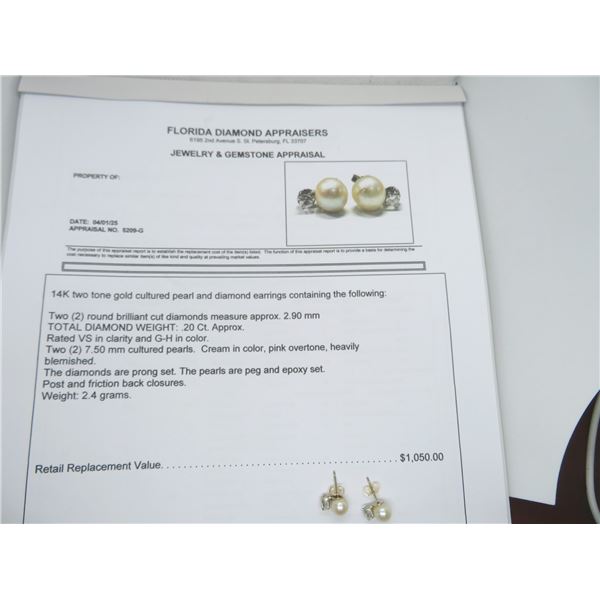 14K Two Tone Gold Cultured Pearl/Diamond Earrings 2 Round Cut Diamonds and 2  7.50MM
