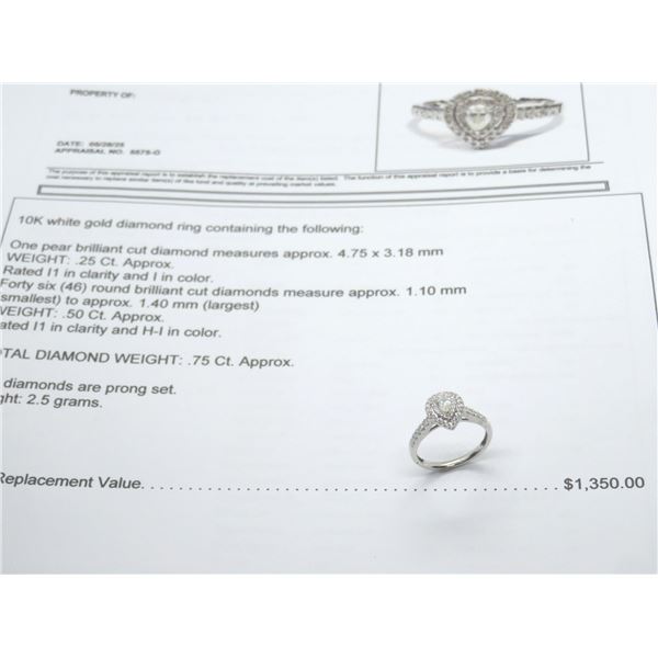 10K WG Diamond Ring w/One Pear Cut Diamond and 46 Round Diamonds 2.5g - Replacement