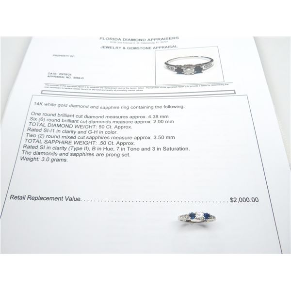 14K WG Diamond/Sapphire Ring w/One Round Diamond and 6 Cut Diamonds and 2 Round