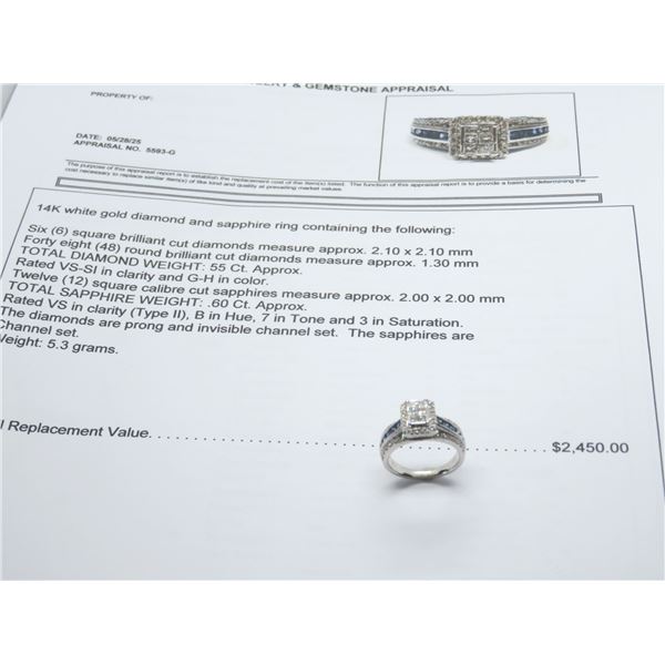 14K  WG Diamond/Sapphire Ring w/6 Square Cut Diamonds and 48 Round Cut Diamonds