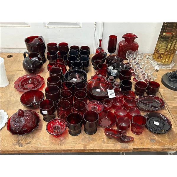 Large Pigeon Blood Glass Collection w/Stem Glasses