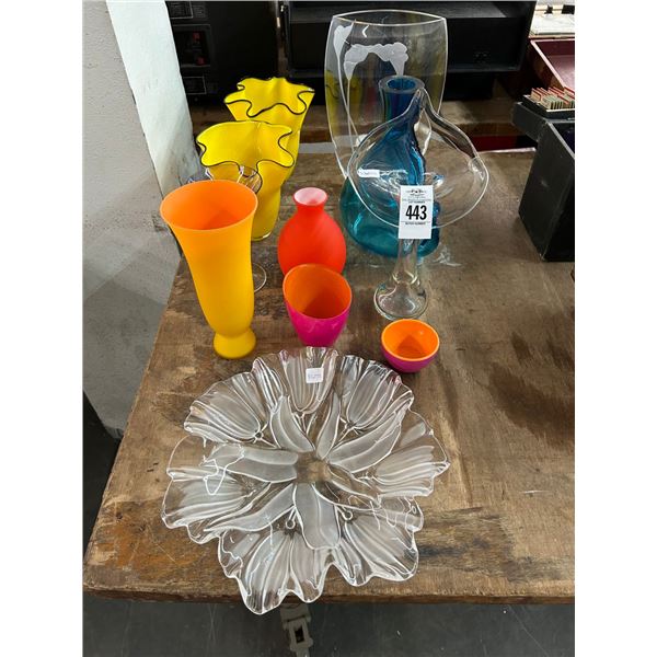 Asst. Art Glass Vases, Floral Bowl, Slip Ons