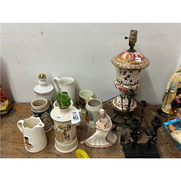 Asst. Souvenir Steins Rockwell, Painted Italian Lamp, Cast Candlestands, Figurine
