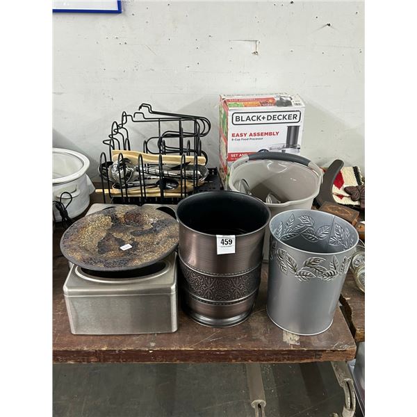 Food Processor, Storage Racks, Buckets, Art Glass Charger