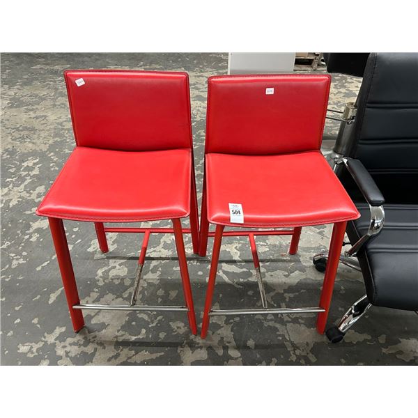 Red Leather Short Stools - Pair