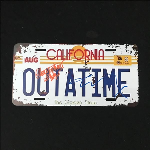 CHRISTOPHER LLOYD AND MICHAEL J FOX SIGNED OUTATIME LICENSE PLATE - WWOC COA
