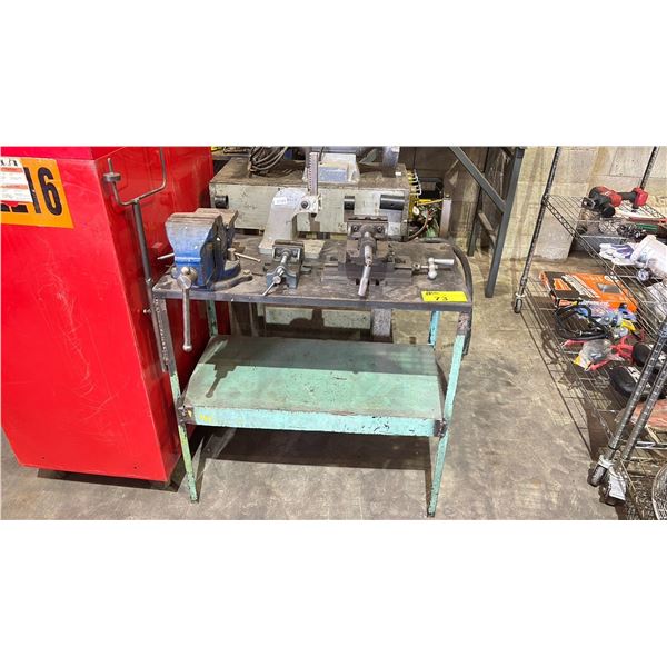METAL 2 TIER WORK BENCH WITH ATTACHED BENCH VISE, 2 DETACHED BENCH VISES & DETACHED PANA VISE 30" X