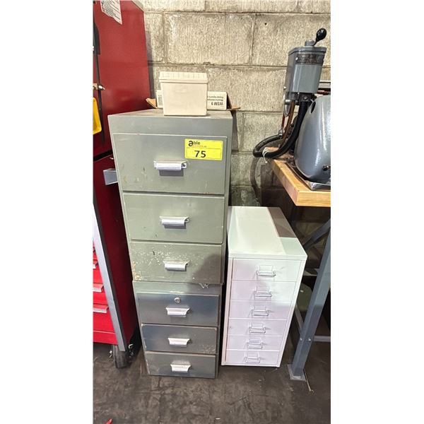 6 DRAWER WOOD CABINET WITH ASSORTED TOOLS CONTENTS & 5 DRAWER PORTABLE METAL CABINET WITH ASSORTED