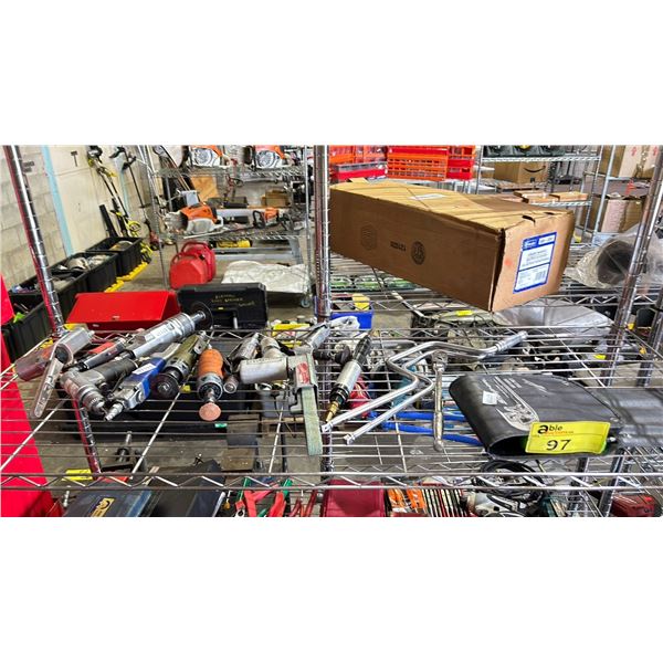 SHELF OF ASSORTED PNEUMATIC DIE GRINDERS & A SNAP ON FILE SET IN A SOFT TRANSPORT CASE
