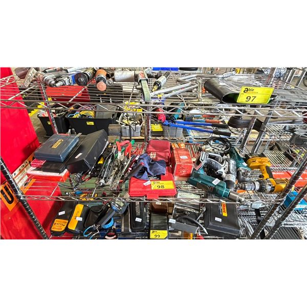 SHELF OF SMALL HAND TOOLS ( BATTERY & ELECTRIC ), PUNCH GAGES, GASKET CUTTER SET, ANGLE DRILL KIT,