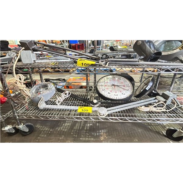 ASSORTED TELESCOPING LIGHTS & A WALL CLOCK