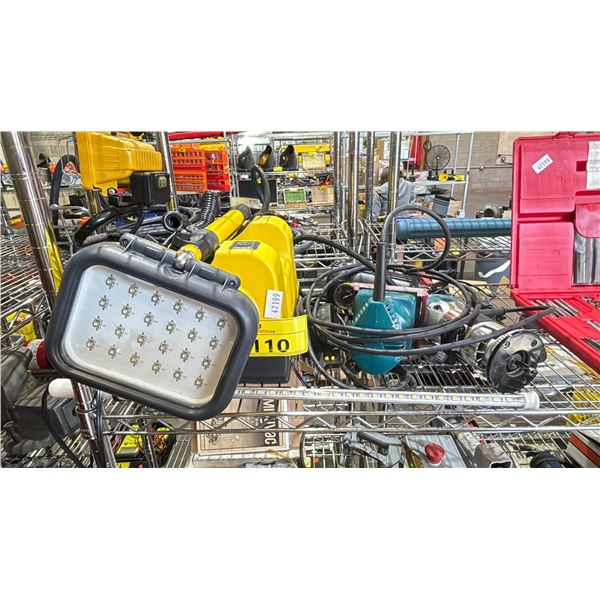 PELICAN REMOTE AREA LIGHTING SYSTEM, ASSORTED SHOP LIGHTS, 250 PSI HAND AIR COMPRESSOR & ELECTRIC
