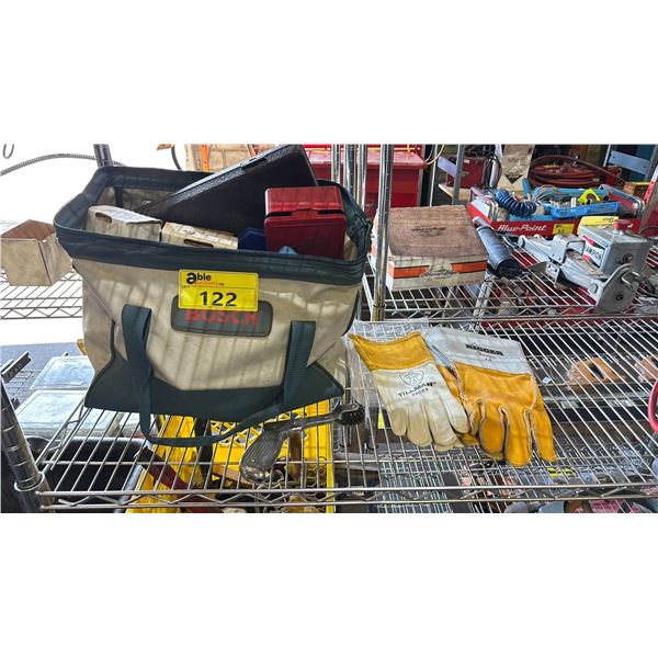 BOSCH TOOL BAG WITH CONTENTS & 2 PAIRS OF GLOVES