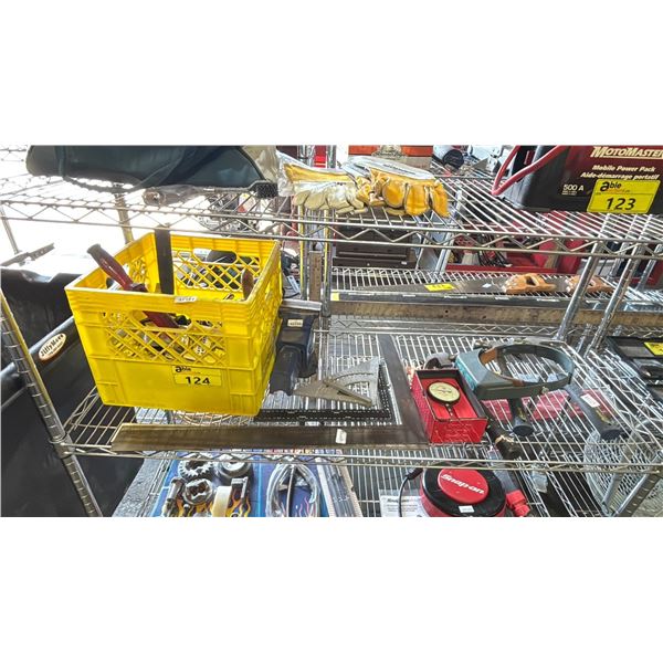 MEASURING DEVICES, BENCH VISE, HAMMERS, STARRETT GAUGE, MAGNIFYING GLASSES & MILK CRATE WITH