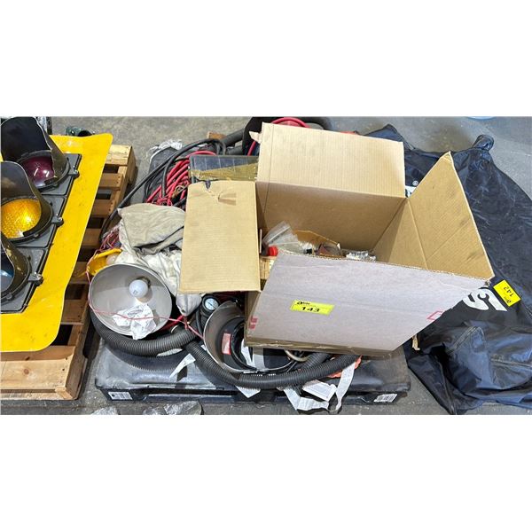 PALLET OF INDUSTRIAL GOODS - PORTABLE AIR TANK, HOSES, LIGHTS, SMALL PARTS ORGANIZER, VACUUM & MORE