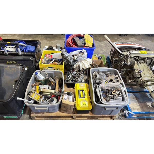 PALLET OF INDUSTRIAL GOODS - HARDWARE, SPRAY PAINTS, SMALL HAND TOOLS, SMALL PARTS ORGANIZERS WITH