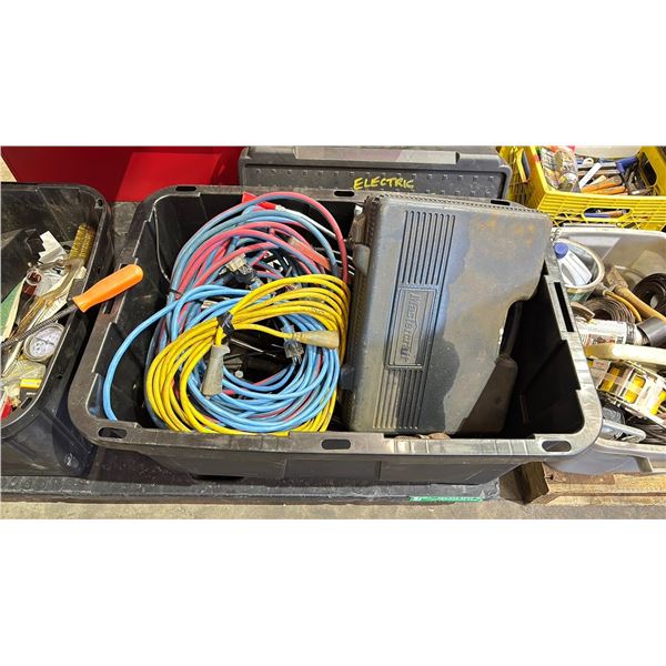 BIN OF EXTENSION CORDS, GREASE GUNS, RIDGID PIPE WRENCHES, SOCKETS & MORE *BIN INCLUDED*