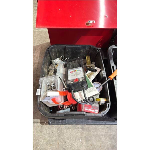 BIN OF INDUSTRIAL GOODS - SCHUMACHER BATTERY TESTER, HARDWARE, LOCKS, CLAMPS, GAUGES & MORE