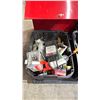 Image 1 : BIN OF INDUSTRIAL GOODS - SCHUMACHER BATTERY TESTER, HARDWARE, LOCKS, CLAMPS, GAUGES & MORE