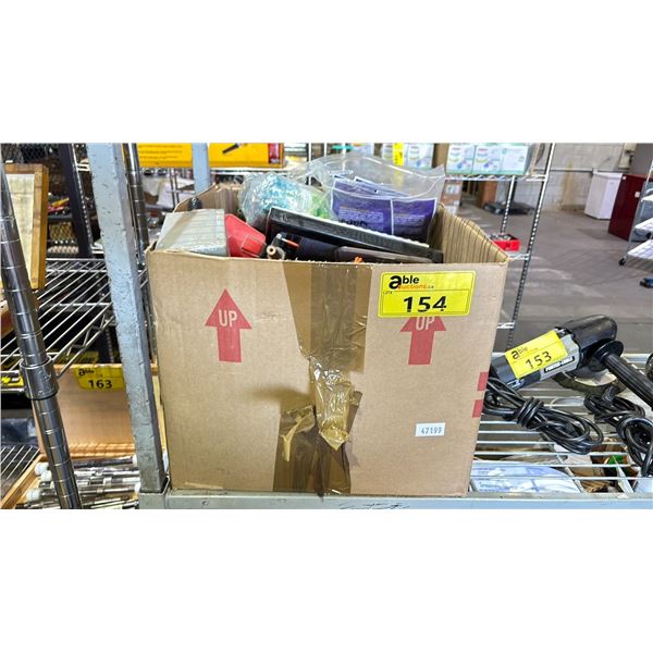 BOX OF INDUSTRIAL GOODS - DIES, VINYL WIPES, CLAMPS, ALUMINUM UTILITY CASE, LAMP WIRES, HAND