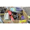 Image 2 : BOX OF INDUSTRIAL GOODS - DIES, VINYL WIPES, CLAMPS, ALUMINUM UTILITY CASE, LAMP WIRES, HAND