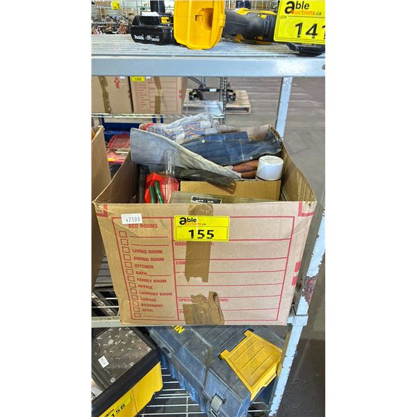 BOX OF INDUSTRIAL GOODS - HARDWARE, SMALL HAND TOOLS, GLOVES, SMALL HAND TOOLS, SPRAY PAINTS & MORE