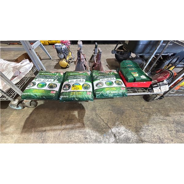 SCHULTZ 27-0-3 LAWN FERTILIZER, BOX OF WALL MOUNT HOSE HANGERS & A PRESSURE WASHER REPLACEMENT HOSE
