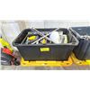 Image 1 : STORAGE BIN OF INDUSTRIAL GOODS - BATTERY, LEVELS, SAW, SMALL HAND TOOLS, ALAN KEYS, GREASE GUNS,