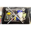 Image 2 : STORAGE BIN OF INDUSTRIAL GOODS - BATTERY, LEVELS, SAW, SMALL HAND TOOLS, ALAN KEYS, GREASE GUNS,