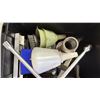 Image 3 : STORAGE BIN OF INDUSTRIAL GOODS - BATTERY, LEVELS, SAW, SMALL HAND TOOLS, ALAN KEYS, GREASE GUNS,