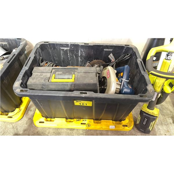 STORAGE BIN OF INDUSTRIAL GOODS - RIDGID  ANGLE GRINDER, RYOBI CIRCULAR SAW, TOOL BOX WITH