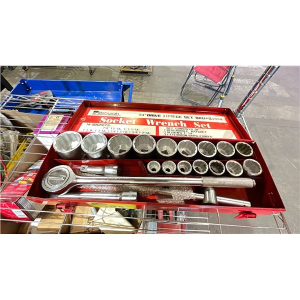 PITTSBURGH 3/4" DRIVE 21 PIECE SOCKET WRENCH SET IN A METAL TRANSPORT ...
