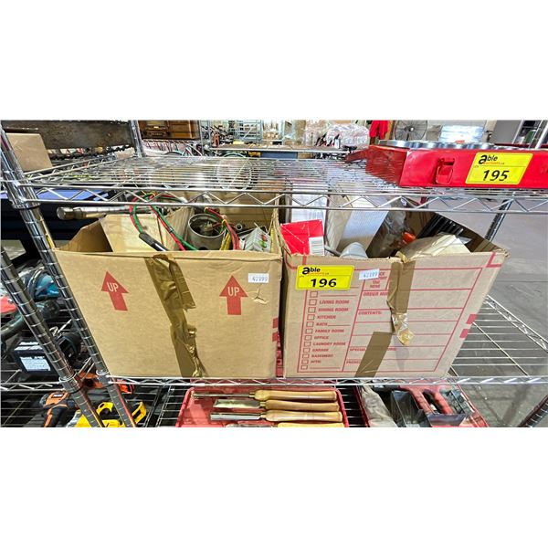 TWO BOXES OF INDUSTRIAL GOODS - ELECTRICAL, SWITCHES, PLUGS, ADAPTERS & MORE