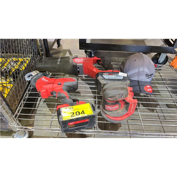 MILWAUKEE HACKZALL WITH BATTERY, SAWZALL WITH BATTERY, PALM SANDER & HAT