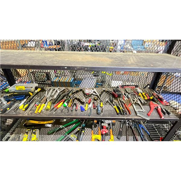 SHELF OF SMALL HAND TOOLS - SCREWDRIVERS, WRENCHES, STAPLER, HAMMER, SAW & MORE