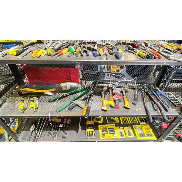 SHELF OF SMALL HAND TOOLS - AXES, PRY BARS, BOLT CUTTERS, BOX CUTTERS, & MORE