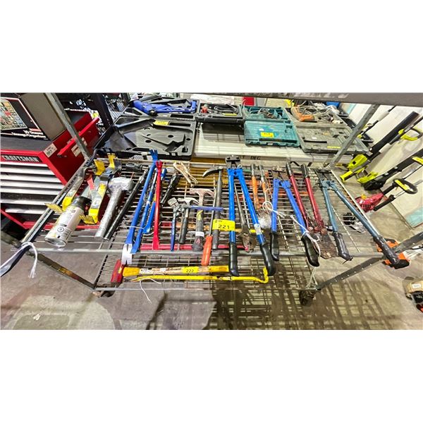 SHELF OF SMALL HAND TOOLS - BOLT CUTTERS, HAMMERS & MORE