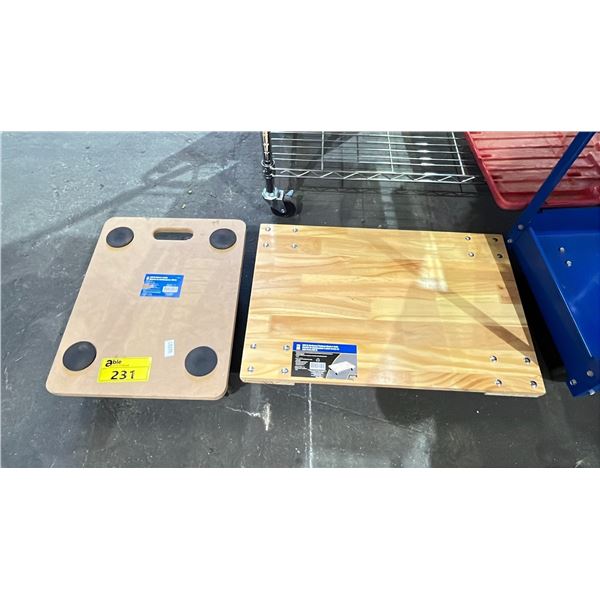 TWO WOODEN FOUR WHEEL DOLLIES