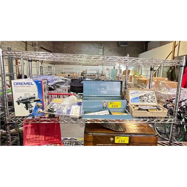 METAL TOOL BOX, DREMEL MOTO TOOL, AIR SPRAY GUN KIT & DREMEL SHAPER/ROUTER TABLE