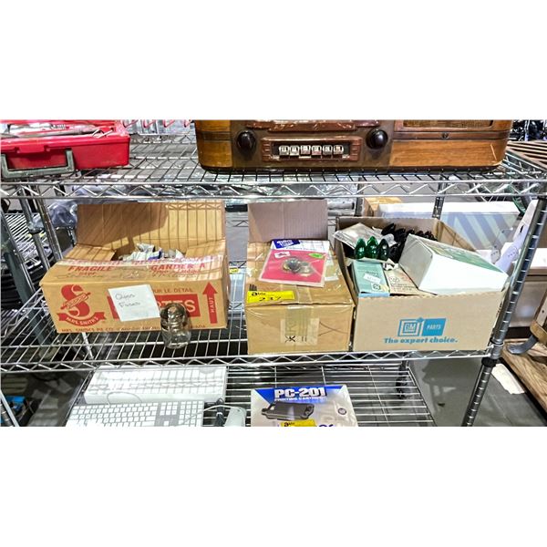 BOX OF GLASS INSULATORS, RAM TRUCK ELECTRONIC DEVICES & BOX OF ASSORTED CHRISTMAS BULBS