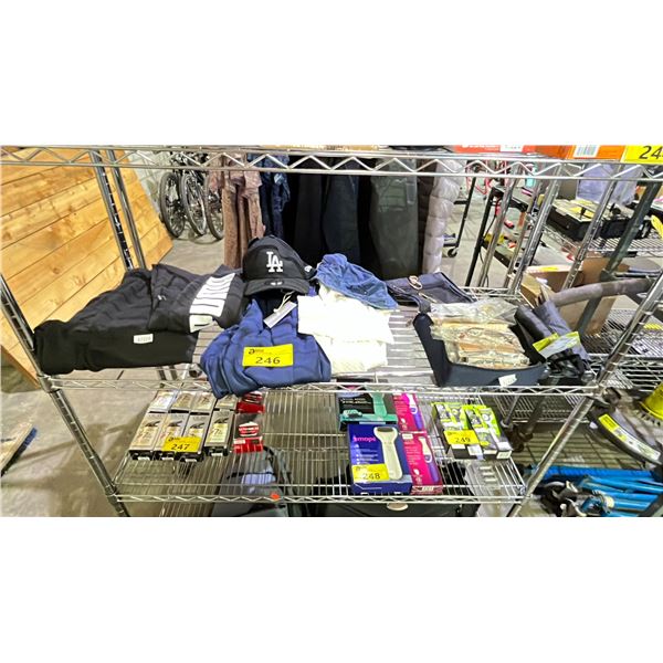 SHELF OF ASSORTED CLOTHING, READING GLASSES & UMBRELLAS