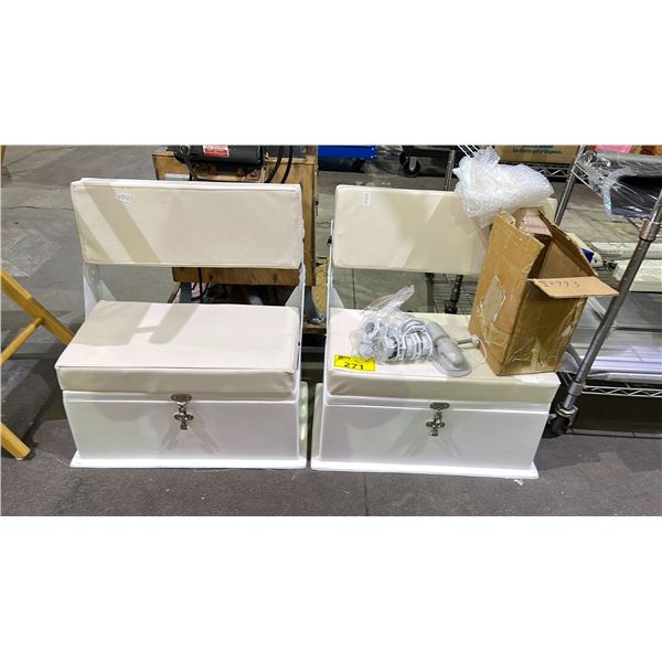TWO FIBREGLASS BOAT SEATS WITH STORAGE COMPARTMENT UNDERNEATH & BOX OF HARDWARE
