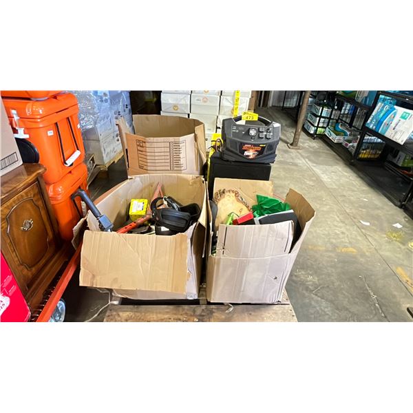 PALLET OF ASSORTED ITEMS INCLUDING: HITACHI CIRCULAR SAW, SPEAKERS, ELIMINATOR POWER BOX & MORE