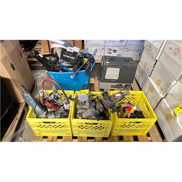 PALLET OF ASSORTED TOOLS INCLUDING: WATER PUMP, JACK, BOSCH ANGLE GRINDER, & MORE