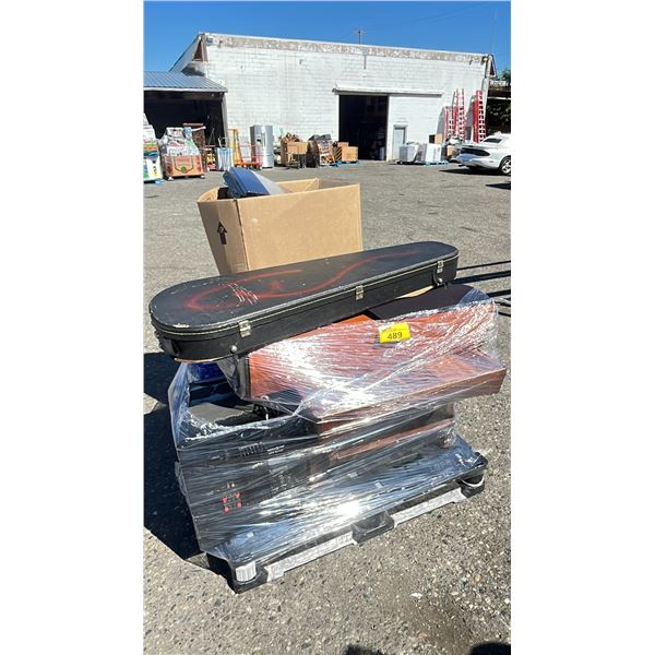 PALLET OF ASSORTED ITEMS INCLUDING; SUBWOOFER, TURNTABLE, TRUMPET & MORE