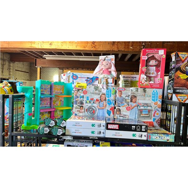 SHELF OF TOYS INCLUDING: LITTLE TIKES LAUNDRY DAY, ASSORTED PUZZLES, PIXO BITS REFILL PACKS & MORE