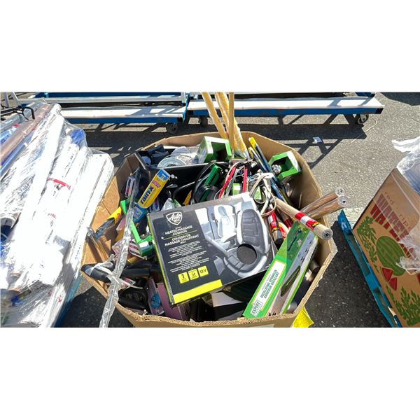 PALLET OF ASSORTED ITEMS INCLUDING; HEATED MASSAGER CUSHION, OSCILLATING SPRINKLER, SHOVELS & MORE