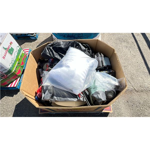 PALLET OF ASSORTED ITEMS INCLUDING; TENT PARTS, LIGHTING, SPA PUMP & MORE (UNKNOWN WORKING
